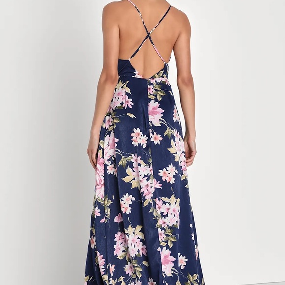 Lulu's Love of Romance Navy Floral Print Satin Cowl Neck Maxi Dress - Picture 3 of 8